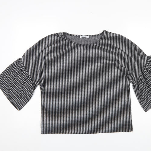 Zara Women Black Check Bell Sleeve Cropped Blouse Size S