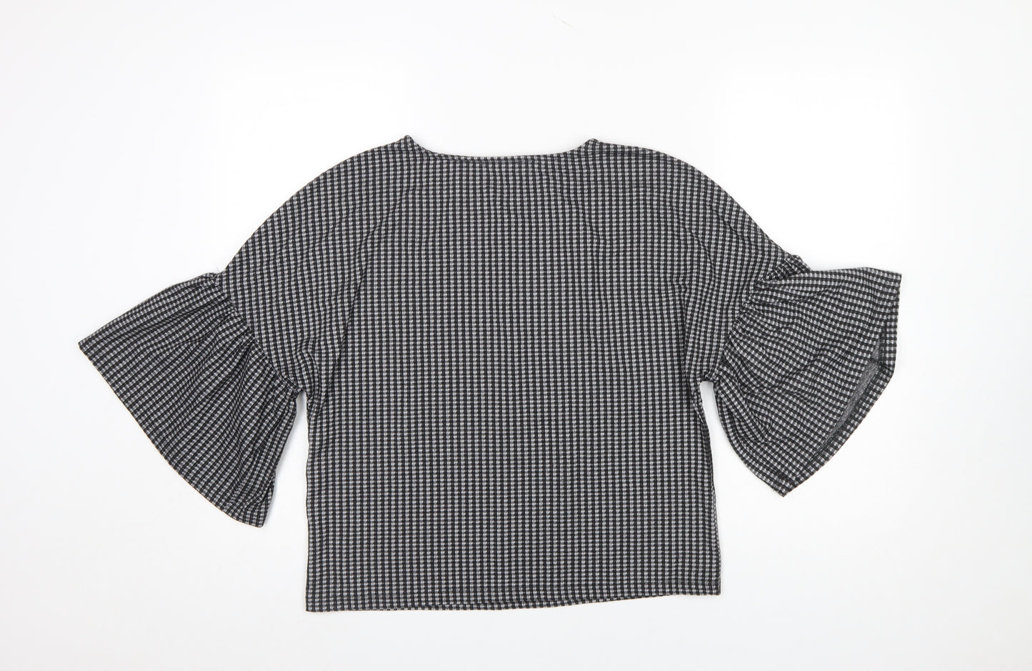 Zara Women Black Check Bell Sleeve Cropped Blouse Size S