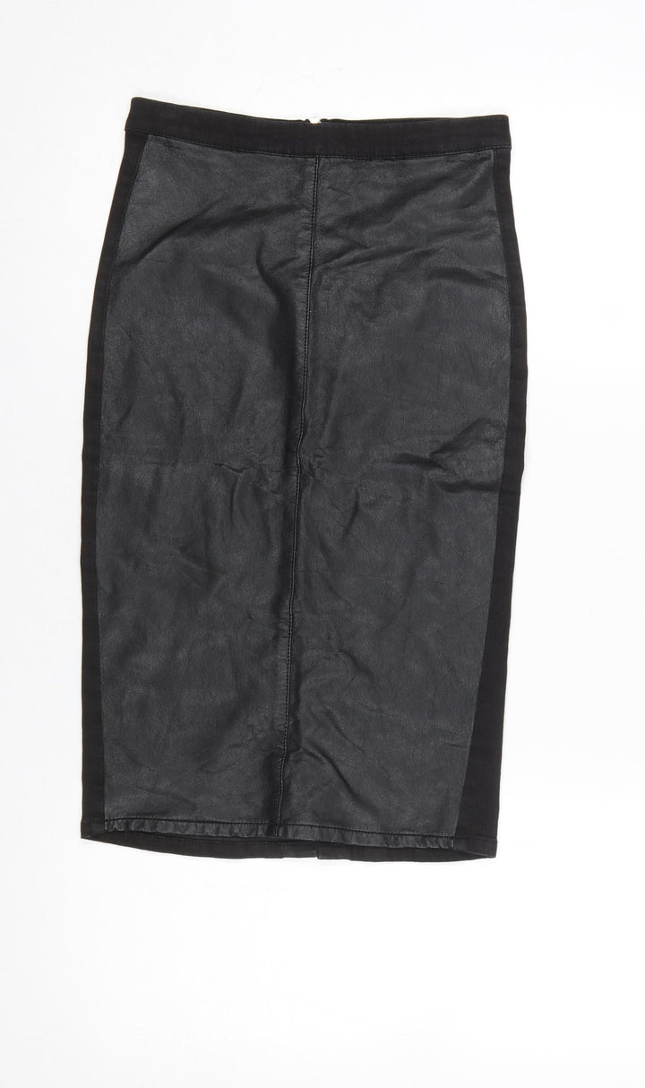 Topshop Women’s Black Faux Leather Pencil Skirt UK 8 Zip Detail