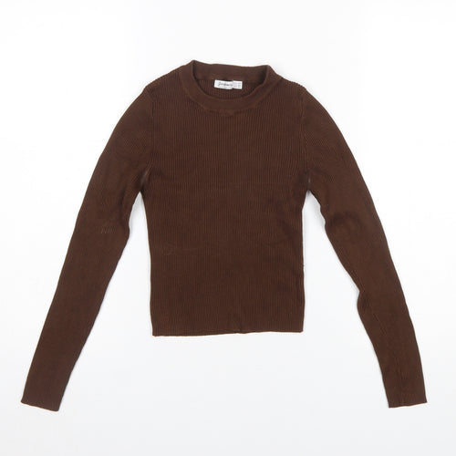 Stradivarius Women Brown XS Slim Fit Ribbed Knit Long Sleeve Jumper