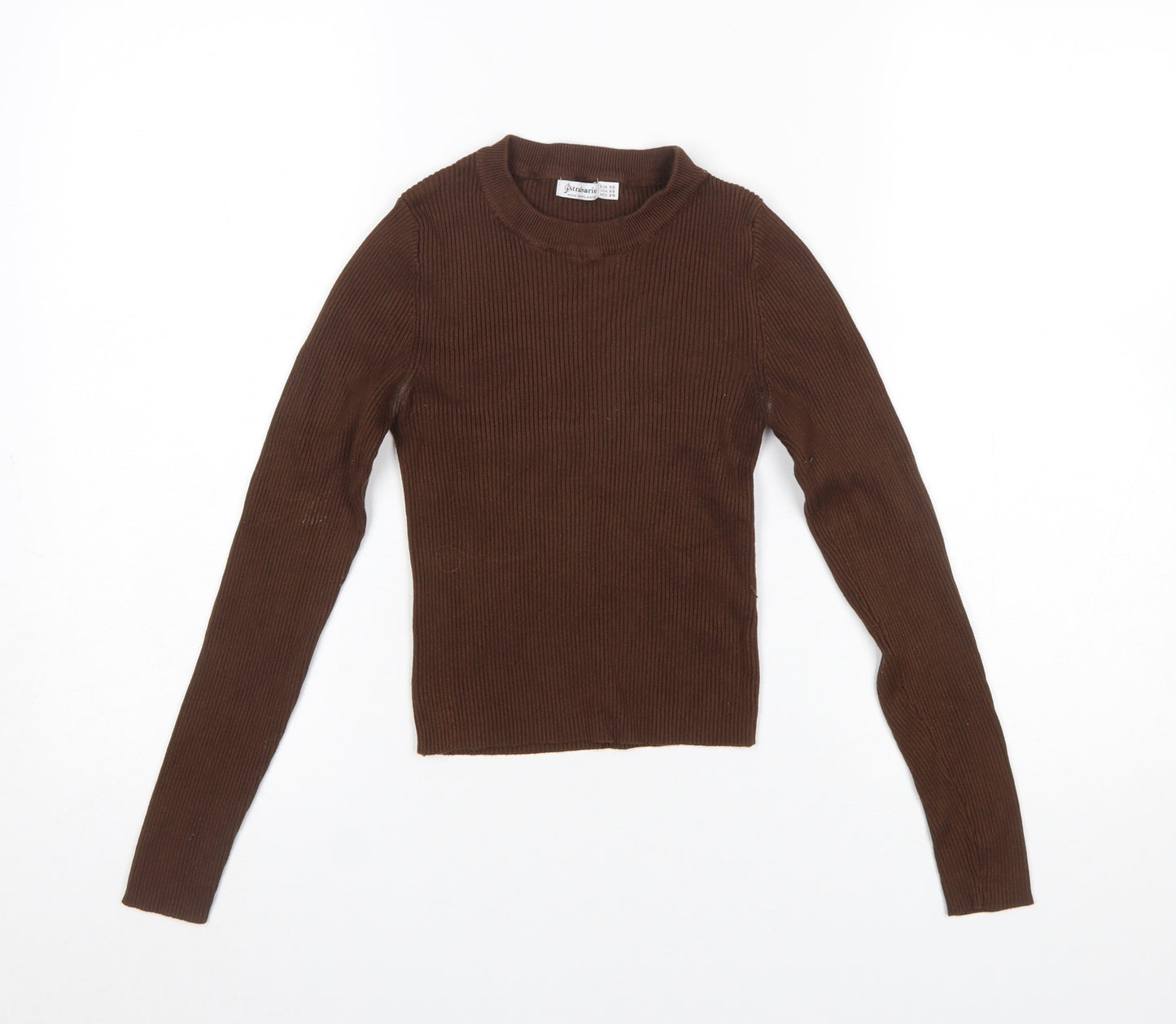 Stradivarius Women Brown XS Slim Fit Ribbed Knit Long Sleeve Jumper