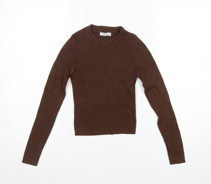 Stradivarius Women Brown XS Slim Fit Ribbed Knit Long Sleeve Jumper