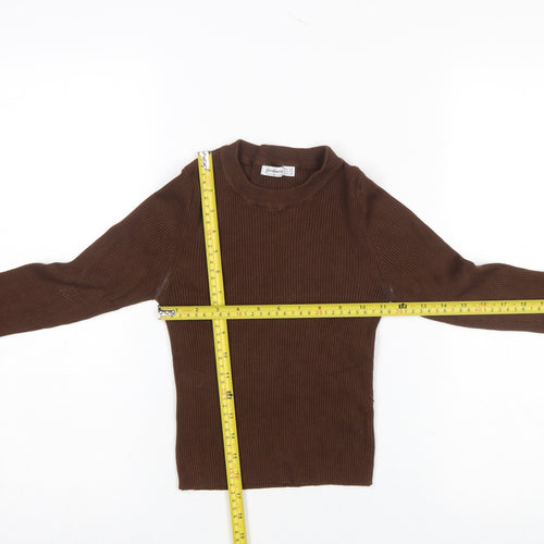 Stradivarius Women Brown XS Slim Fit Ribbed Knit Long Sleeve Jumper