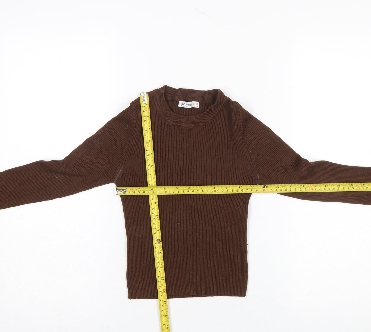 Stradivarius Women Brown XS Slim Fit Ribbed Knit Long Sleeve Jumper