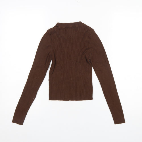 Stradivarius Women Brown XS Slim Fit Ribbed Knit Long Sleeve Jumper