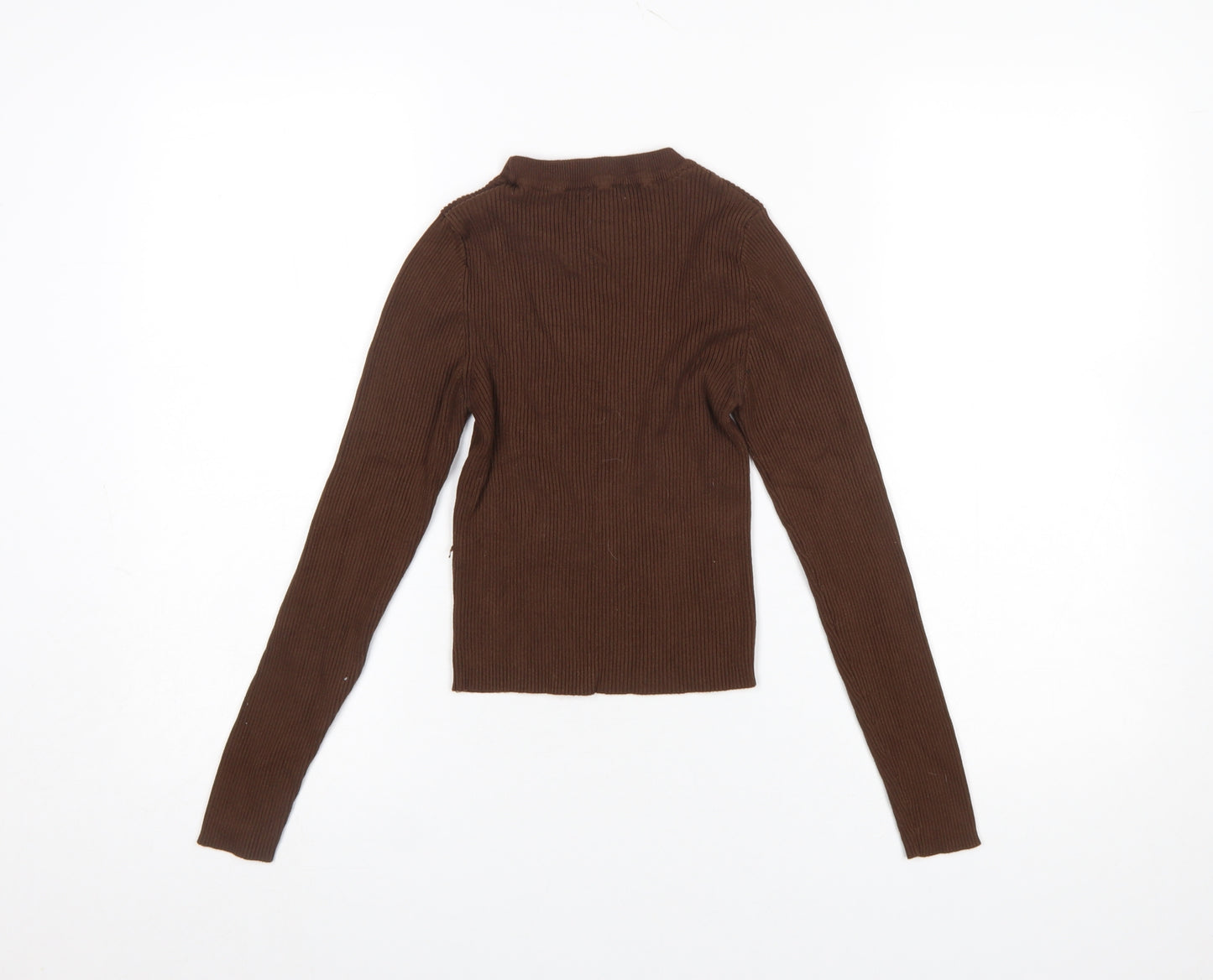 Stradivarius Women Brown XS Slim Fit Ribbed Knit Long Sleeve Jumper