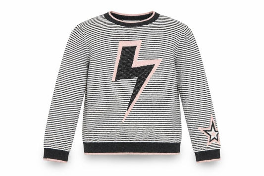 Front view of Mintie by Mint Velvet girls’ black striped lightning jumper 11-12 years