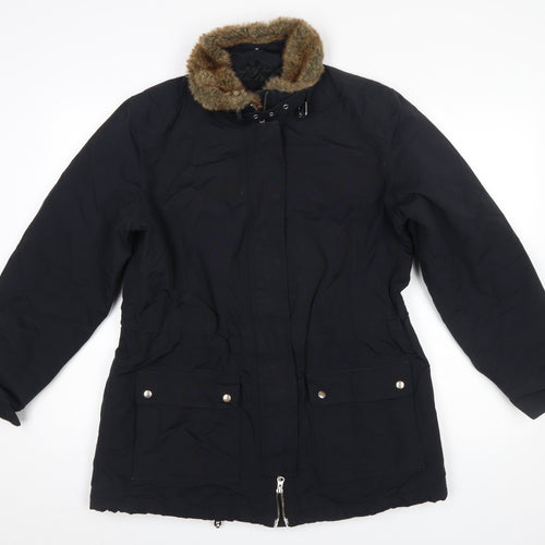 Lands' End Women's Black Faux Fur Trim Long Parka Coat Size M 10-12