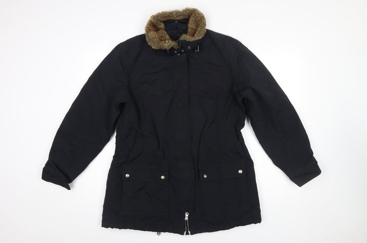 Lands' End Women's Black Faux Fur Trim Long Parka Coat Size M 10-12
