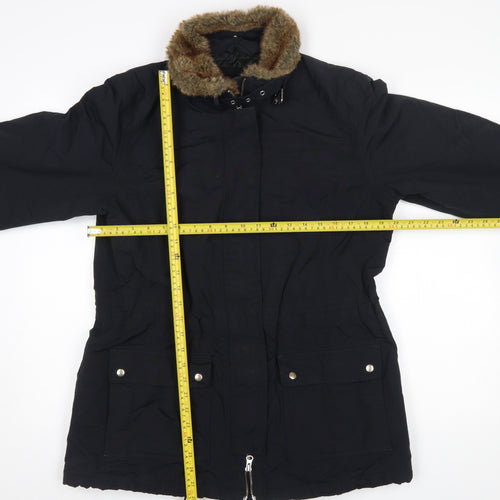 Lands' End Women's Black Faux Fur Trim Long Parka Coat Size M 10-12
