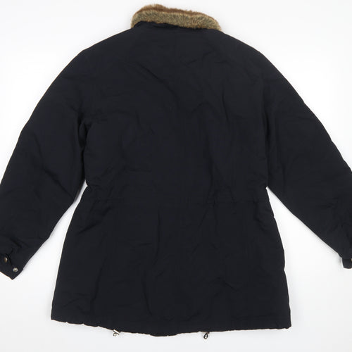 Lands' End Women's Black Faux Fur Trim Long Parka Coat Size M 10-12