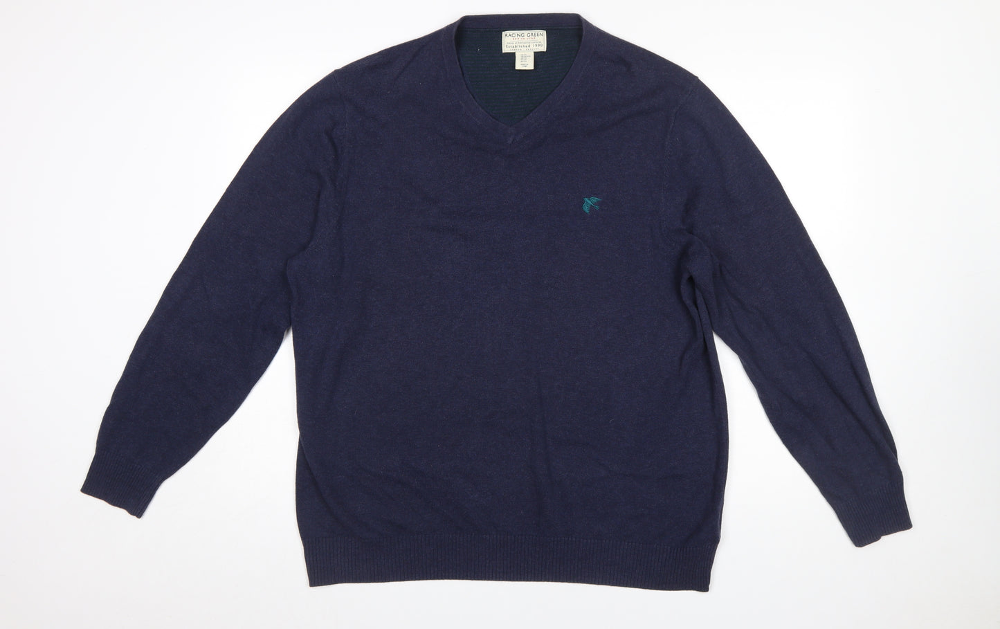 Racing Green Mens Blue Cotton V-Neck Jumper XL Classic Knit