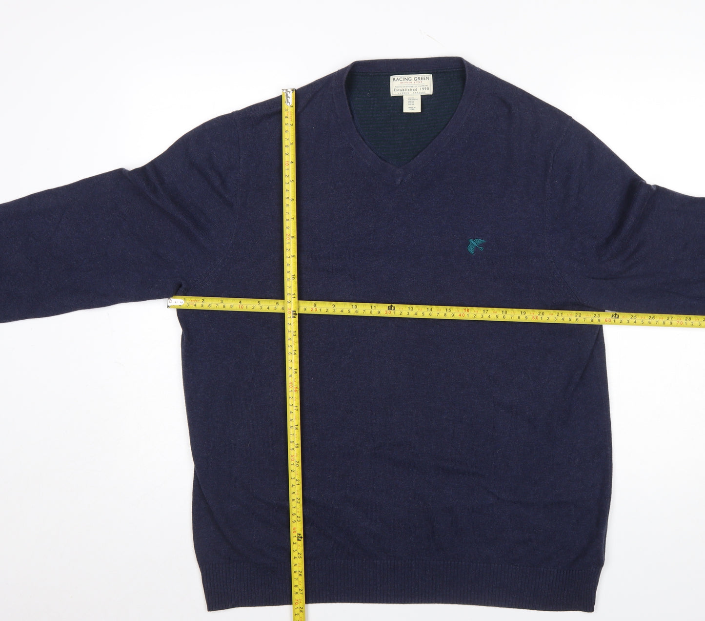 Racing Green Mens Blue Cotton V-Neck Jumper XL Classic Knit
