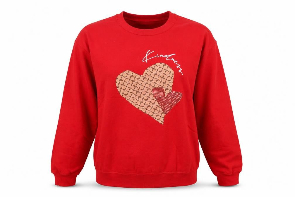 Front view of River Island women’s red kindness heart crew neck sweatshirt, size S