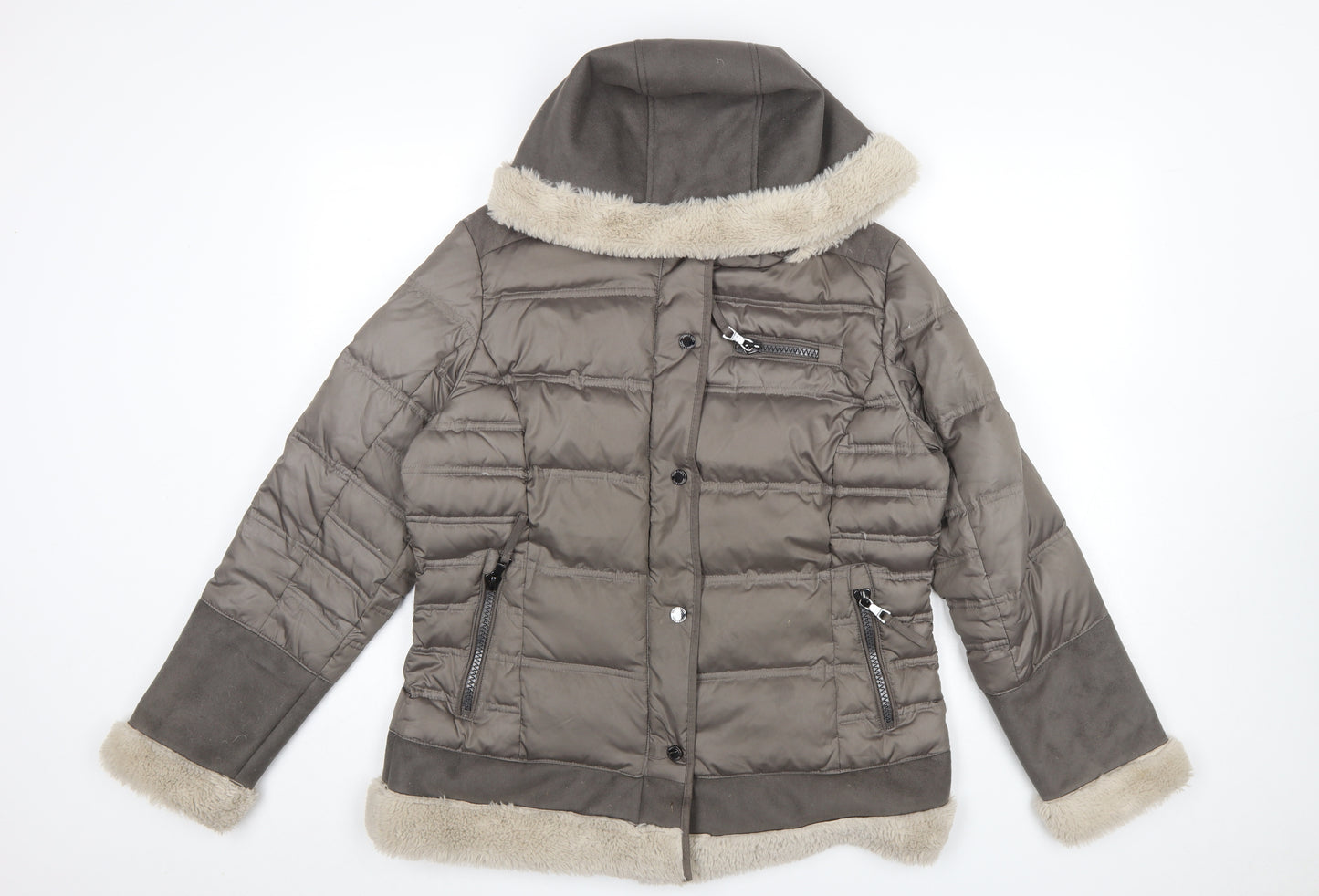 White Label Women's Brown Size 14 Hooded Puffer Jacket with Fur Trim