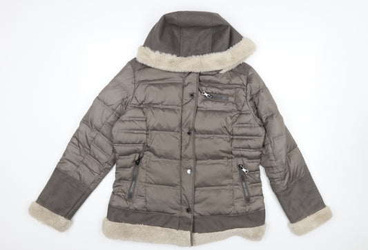 White Label Women's Brown Size 14 Hooded Puffer Jacket with Fur Trim