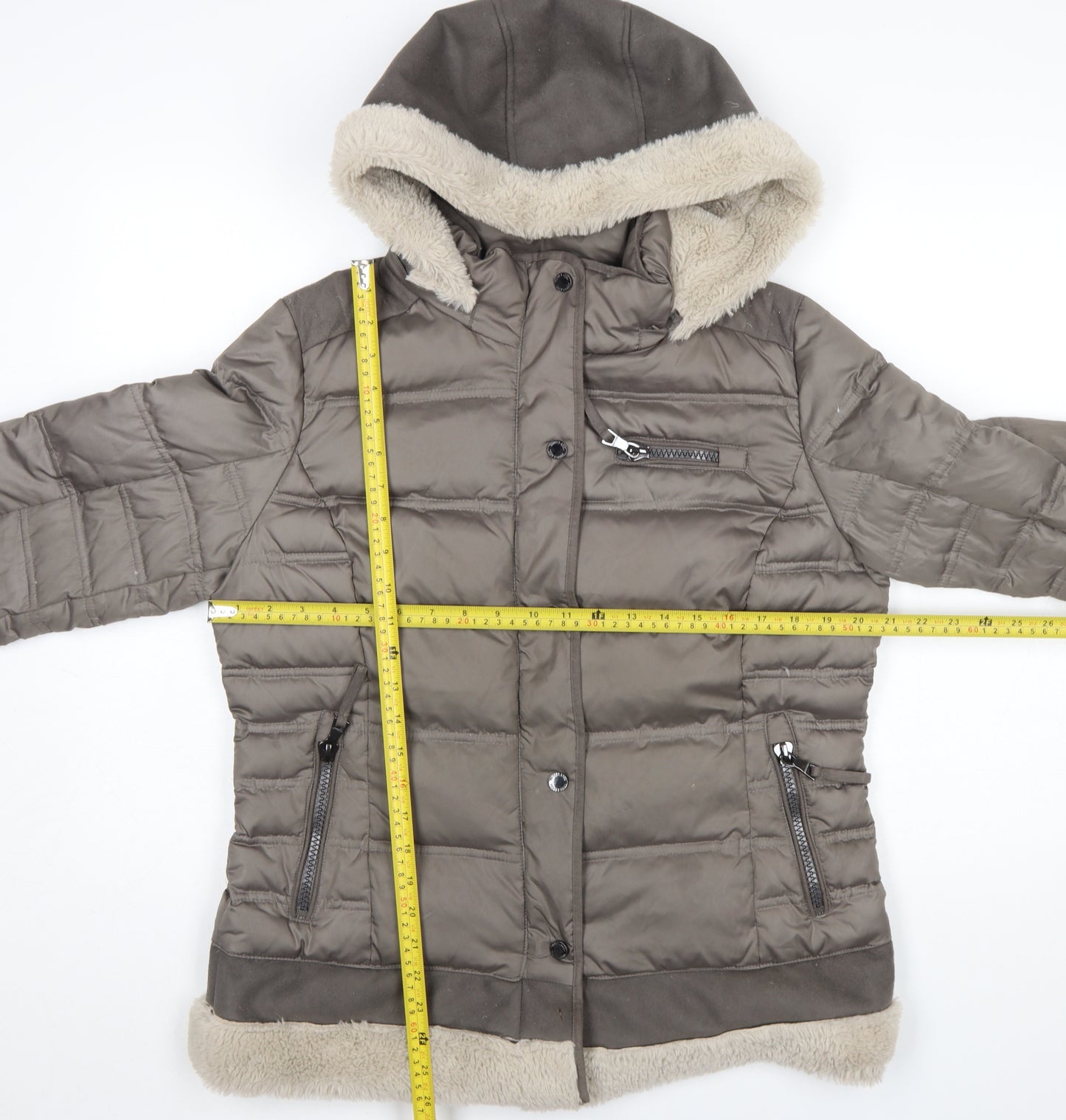 White Label Women's Brown Size 14 Hooded Puffer Jacket with Fur Trim