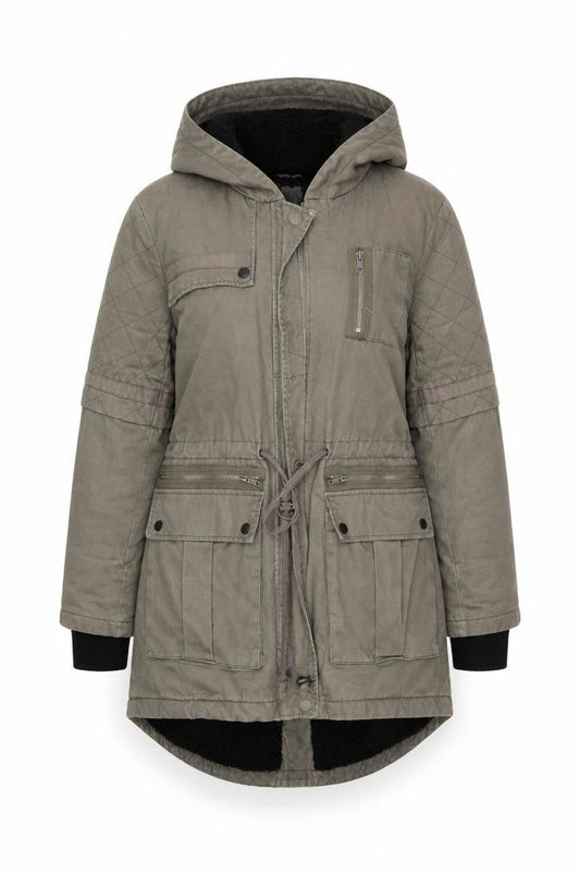 Front view of Label Lab women’s green cotton hooded parka jacket, size UK 10
