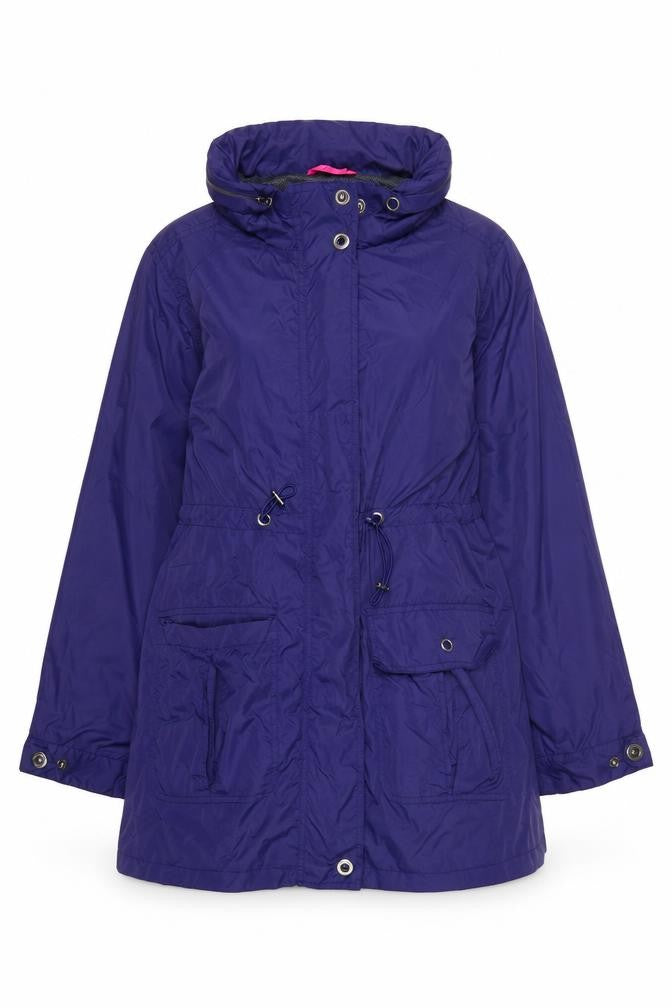Front view of Verge Women's Blue Nylon Anorak Jacket, size M, Hooded Mid-Length