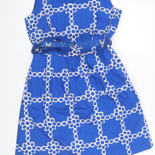 Boden Women's Blue Geometric Belted A-Line Cotton Dress Size 10