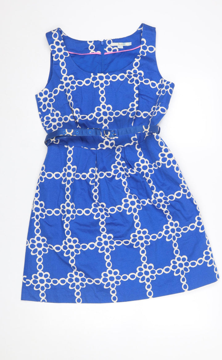 Boden Women's Blue Geometric Belted A-Line Cotton Dress Size 10