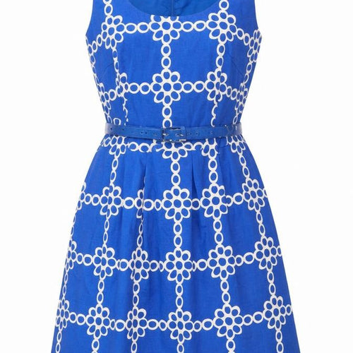 Boden Women's Blue Geometric Belted A-Line Cotton Dress Size 10