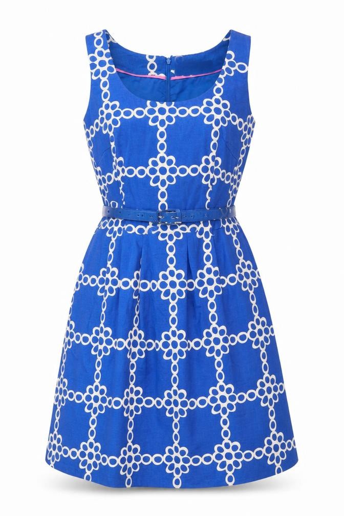 Boden Women's Blue Geometric Belted A-Line Cotton Dress Size 10