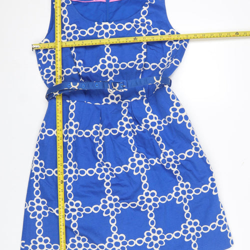 Boden Women's Blue Geometric Belted A-Line Cotton Dress Size 10