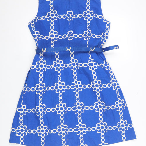 Boden Women's Blue Geometric Belted A-Line Cotton Dress Size 10