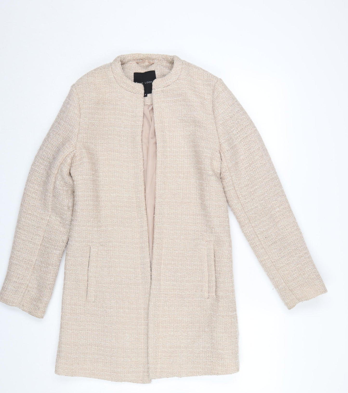 New Look Women's Beige Tweed Open Front Mid-Length Coat Size 8