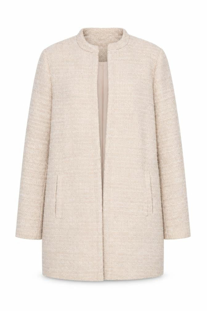 Front view of New Look Women's Beige Tweed Open Front Mid-Length Coat, size 8