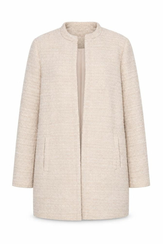 Front view of New Look Women's Beige Tweed Open Front Mid-Length Coat, size 8