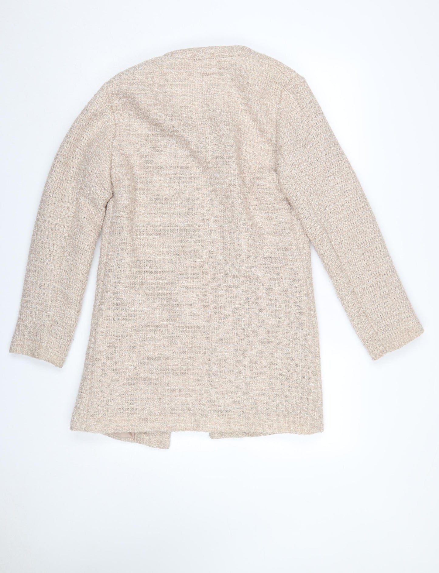 New Look Women's Beige Tweed Open Front Mid-Length Coat Size 8