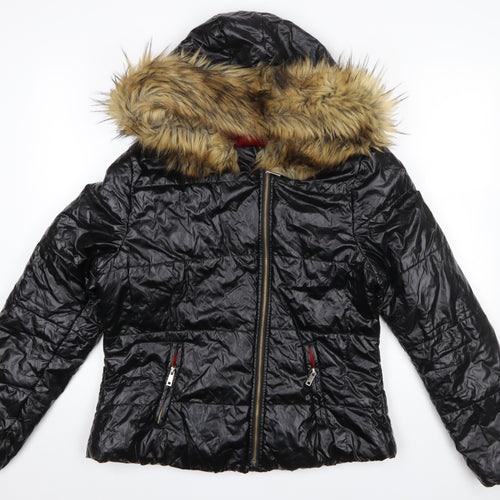 Roiii Women's Black Hooded Puffer Jacket with Faux Fur Trim Size M