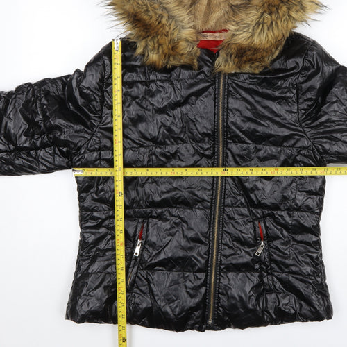 Roiii Women's Black Hooded Puffer Jacket with Faux Fur Trim Size M