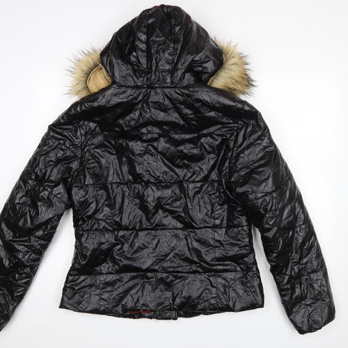 Roiii Women's Black Hooded Puffer Jacket with Faux Fur Trim Size M