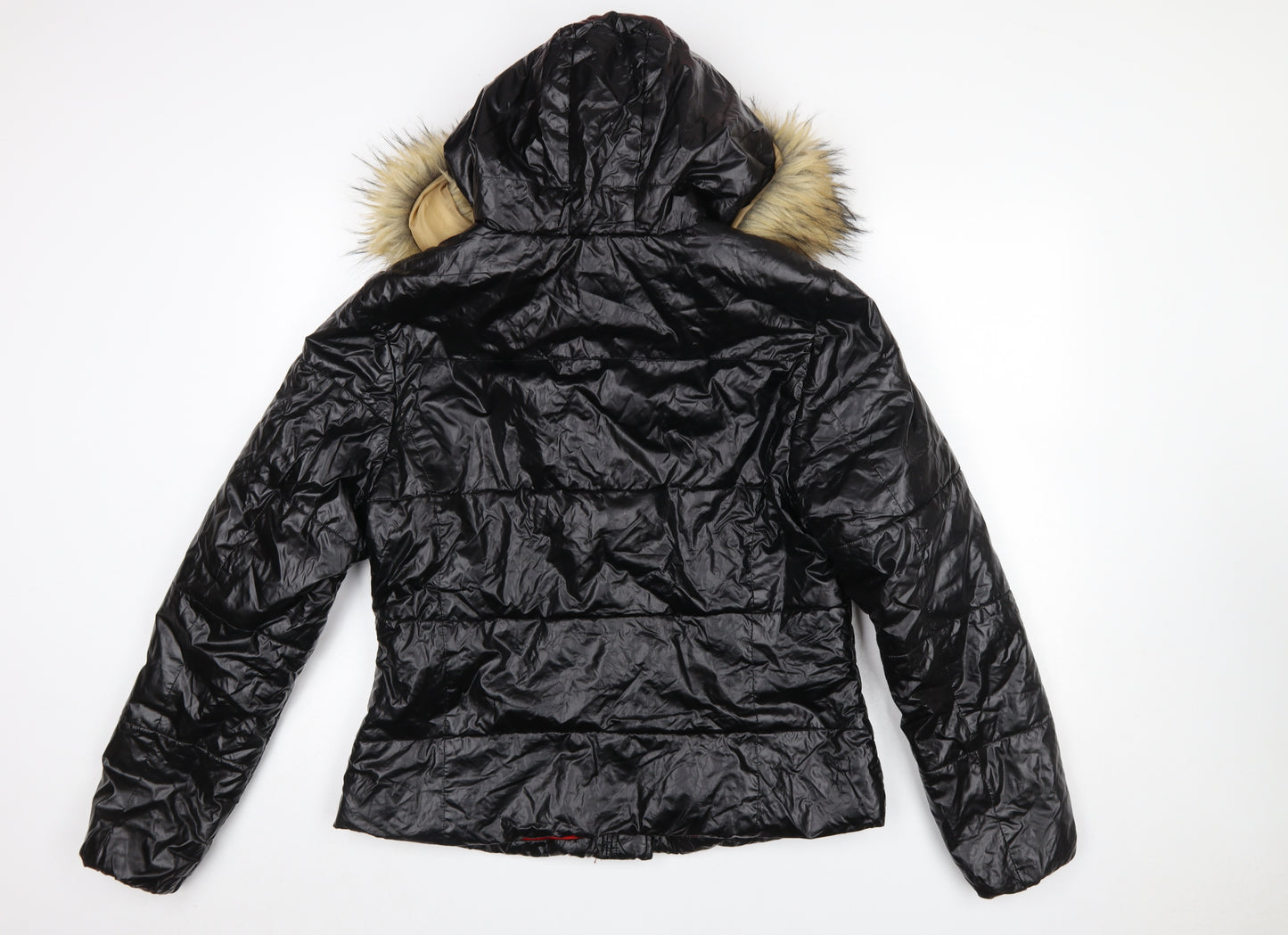 Roiii Women's Black Hooded Puffer Jacket with Faux Fur Trim Size M