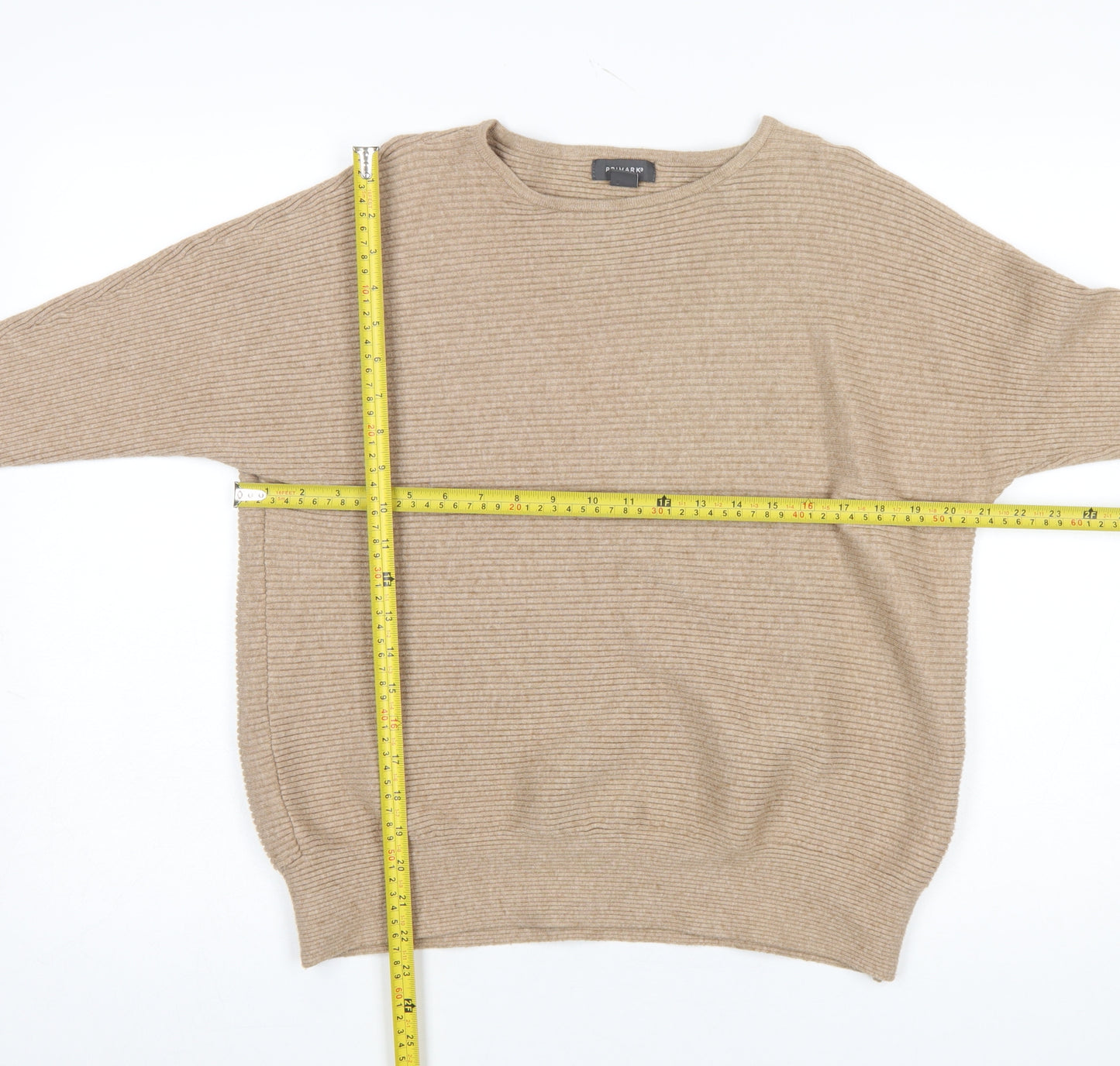 Primark Women’s Beige Ribbed Knit Jumper Size S 10/12 Crew Neck