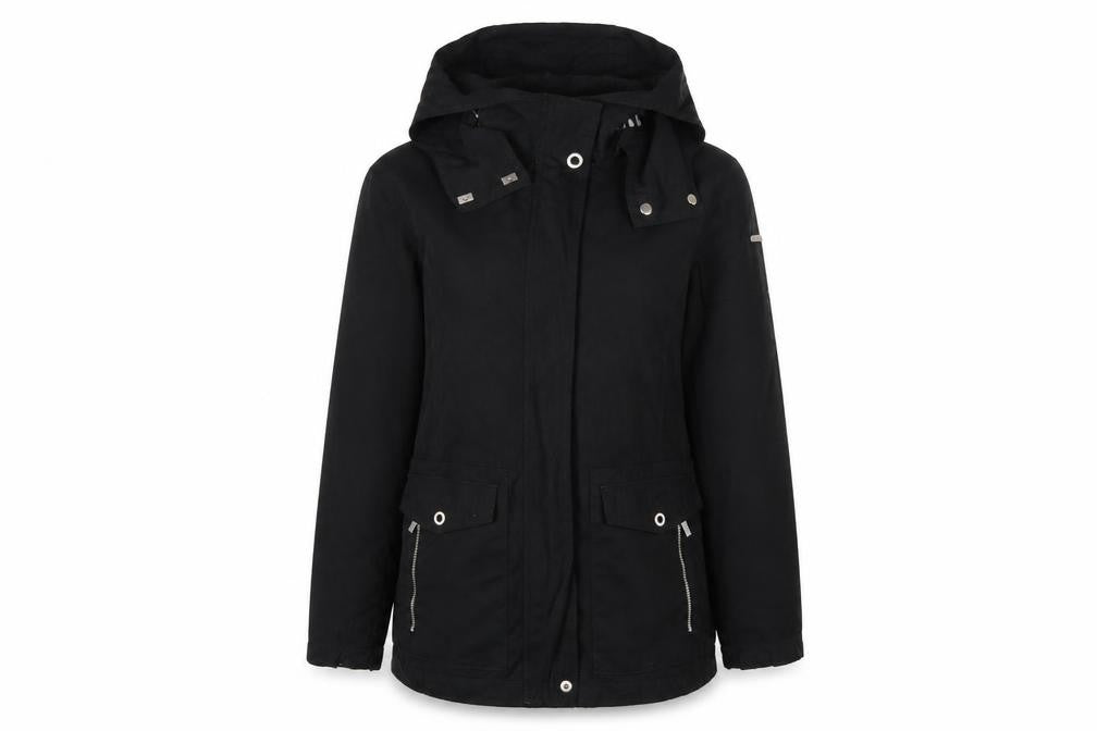 Front view of ESPRIT Women Black Mid-Length Hooded Parka Jacket, size 10