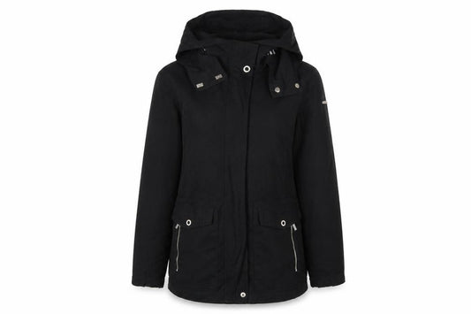 Front view of ESPRIT Women Black Mid-Length Hooded Parka Jacket, size 10