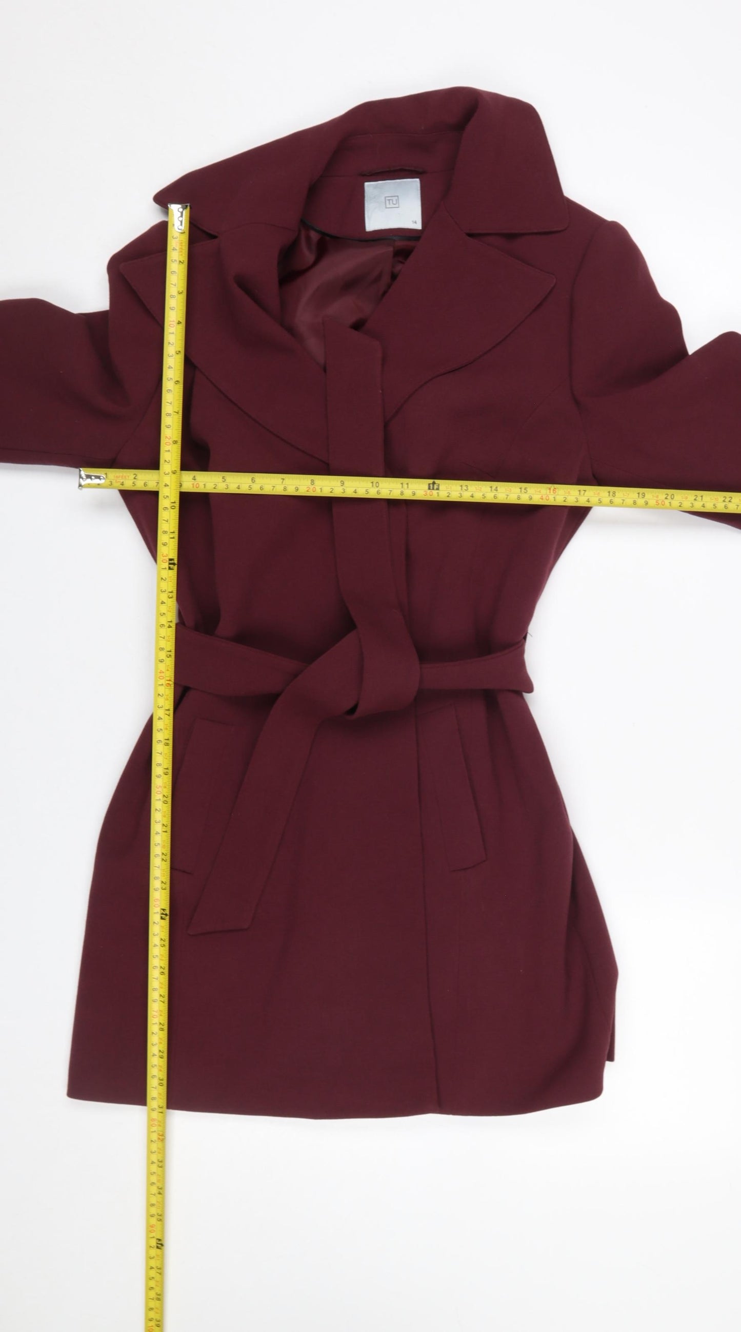 TU Women's Burgundy Belted Long Sleeve Mid-Length Coat Size 14