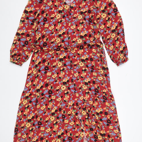 & Other Stories Women Red Floral Midi Dress Size 10 Lyocell Blend Long Sleeve