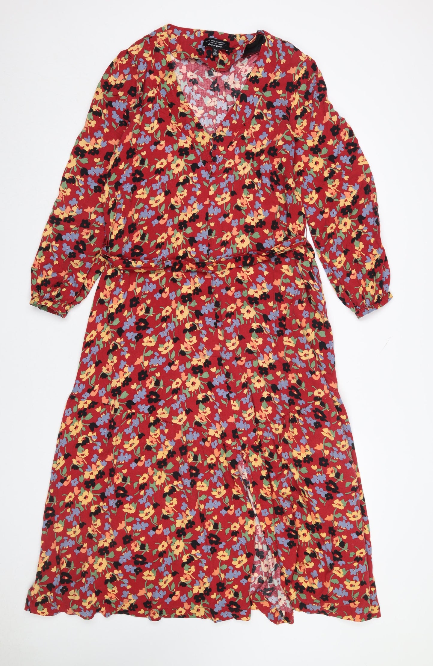 & Other Stories Women Red Floral Midi Dress Size 10 Lyocell Blend Long Sleeve
