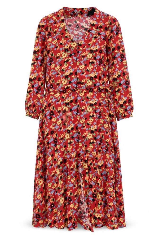 & Other Stories Women Red Floral Midi Dress Size 10 Lyocell Blend Long Sleeve