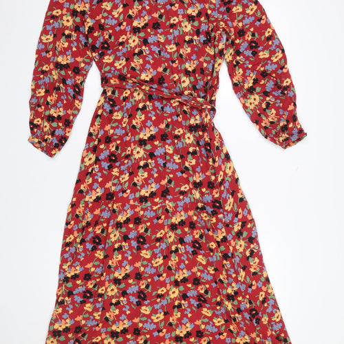& Other Stories Women Red Floral Midi Dress Size 10 Lyocell Blend Long Sleeve