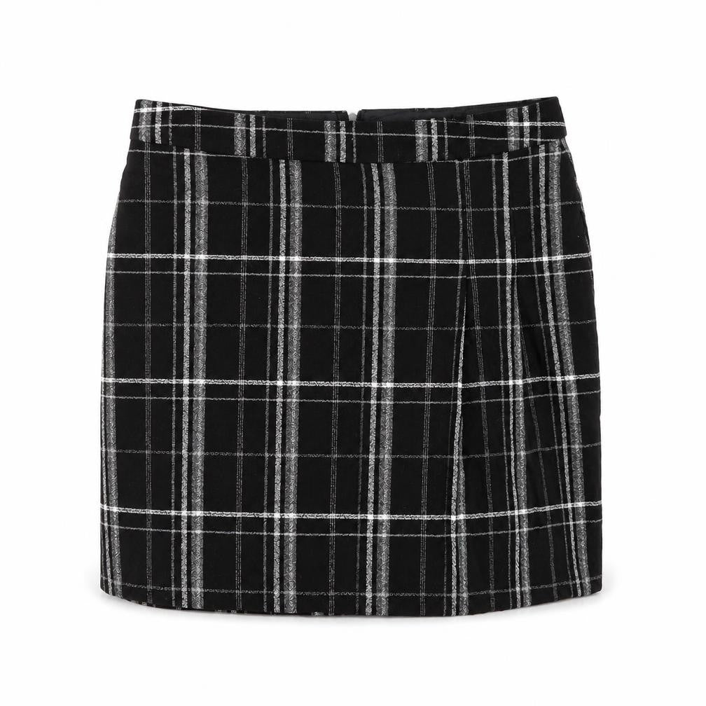 Front view of Oasis Women Black Check Pencil Skirt, size 16, Short Lined
