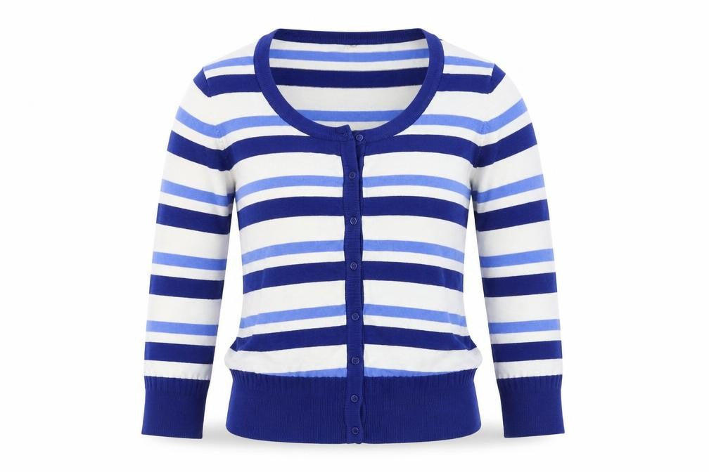 Front view of Peppercorn Women's Blue Striped Knit Cardigan, size M