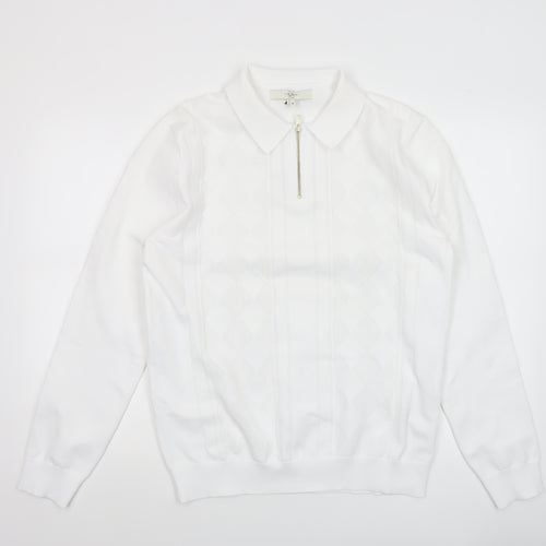 River Island Men’s White Collared Argyle Knit 1/4 Zip Jumper Size M