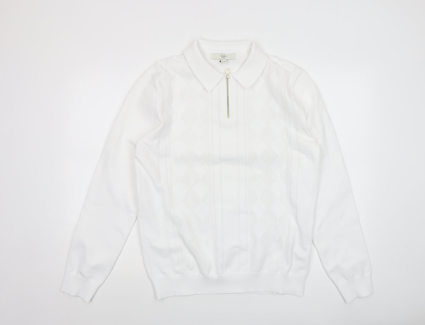 River Island Men’s White Collared Argyle Knit 1/4 Zip Jumper Size M