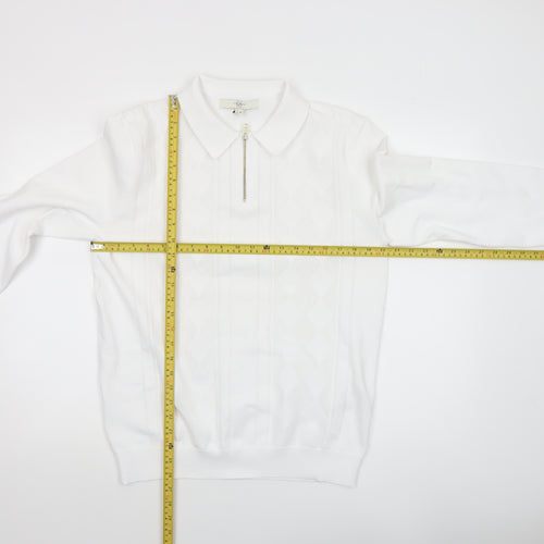 River Island Men’s White Collared Argyle Knit 1/4 Zip Jumper Size M